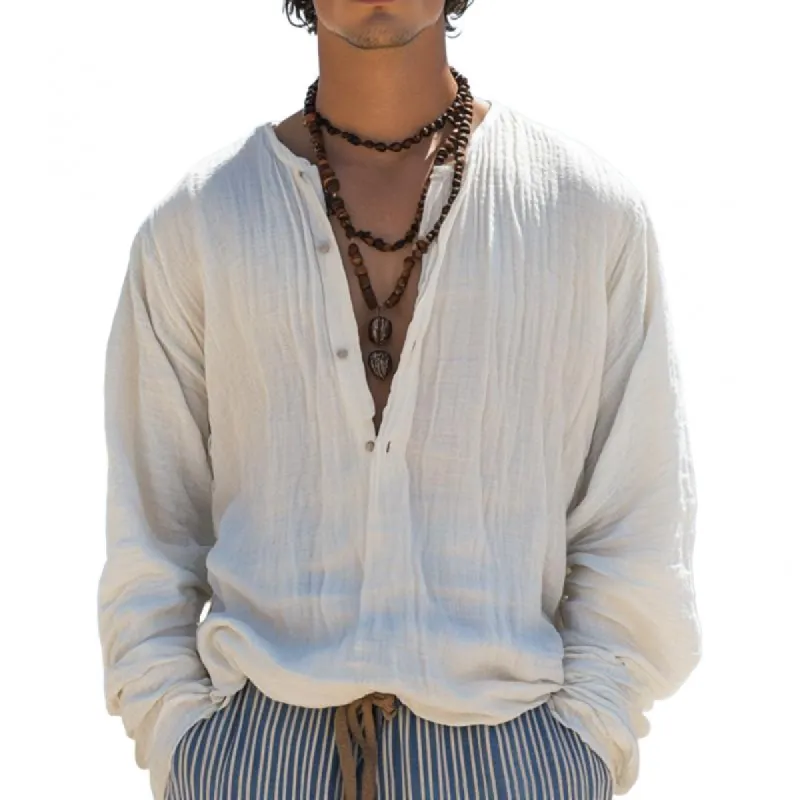 Men's Casual Cotton Linen Button Pullover Loose Long Sleeve Shirt 36669105M made by Manly