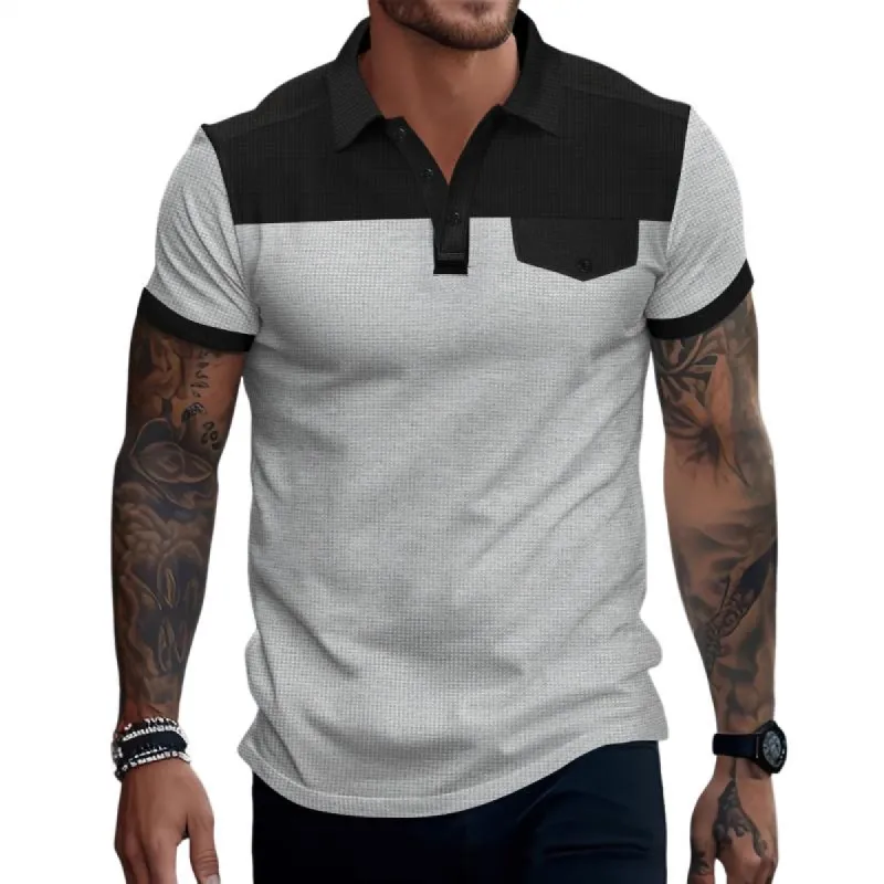 Men's Casual Waffle Colorblock Patchwork Lapel Slim Short-sleeved Polo Shirt 36202244M sold by Manly