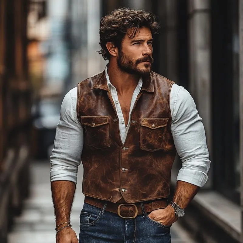 Men's Vintage Leather Lapel Single Breasted Slim Fit Vest 76693591M sold by Manly product image thumbnail 3