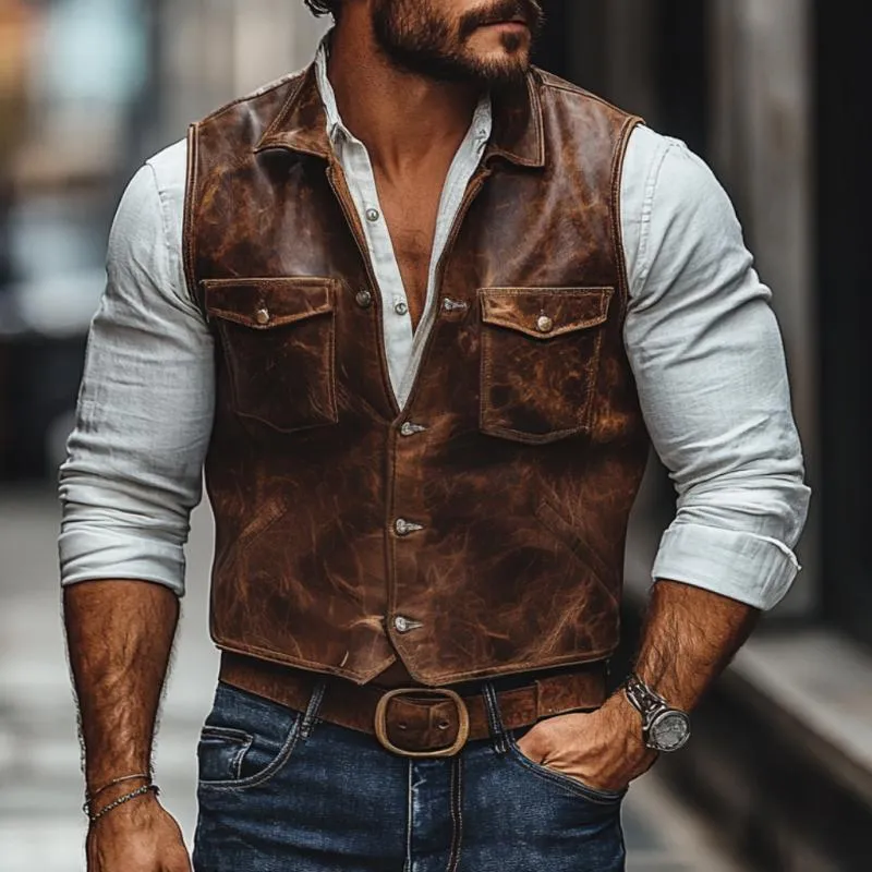 Men's Vintage Leather Lapel Single Breasted Slim Fit Vest 76693591M sold by Manly product image thumbnail 2