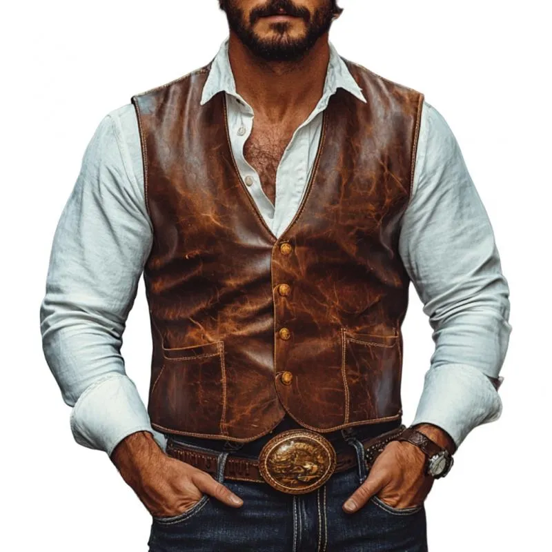 Men's Vintage Leather V-Neck Single Breasted Slim Fit Vest 60526450M sold by Manly