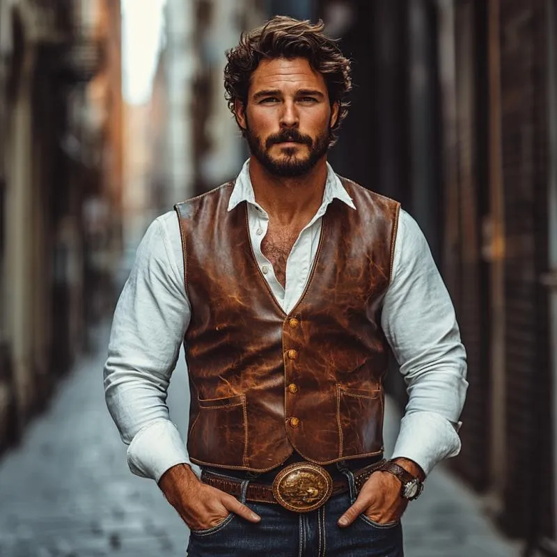 Men's Vintage Leather V-Neck Single Breasted Slim Fit Vest 60526450M sold by Manly product image thumbnail 3