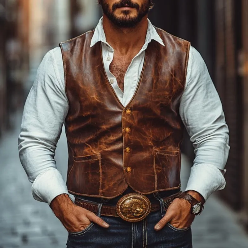 Men's Vintage Leather V-Neck Single Breasted Slim Fit Vest 60526450M sold by Manly product image thumbnail 2