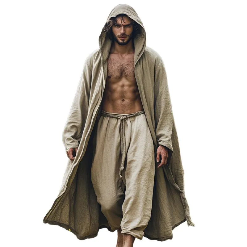 Men's Vintage Casual Linen Hooded Robe 97679385TO sold by Manly