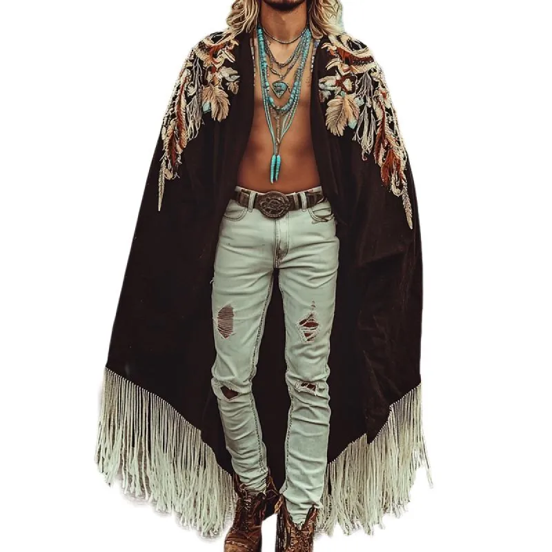 Men's Vintage Casual Linen Eagle Feather Embroidered Cape 86542346TO sold by Manly