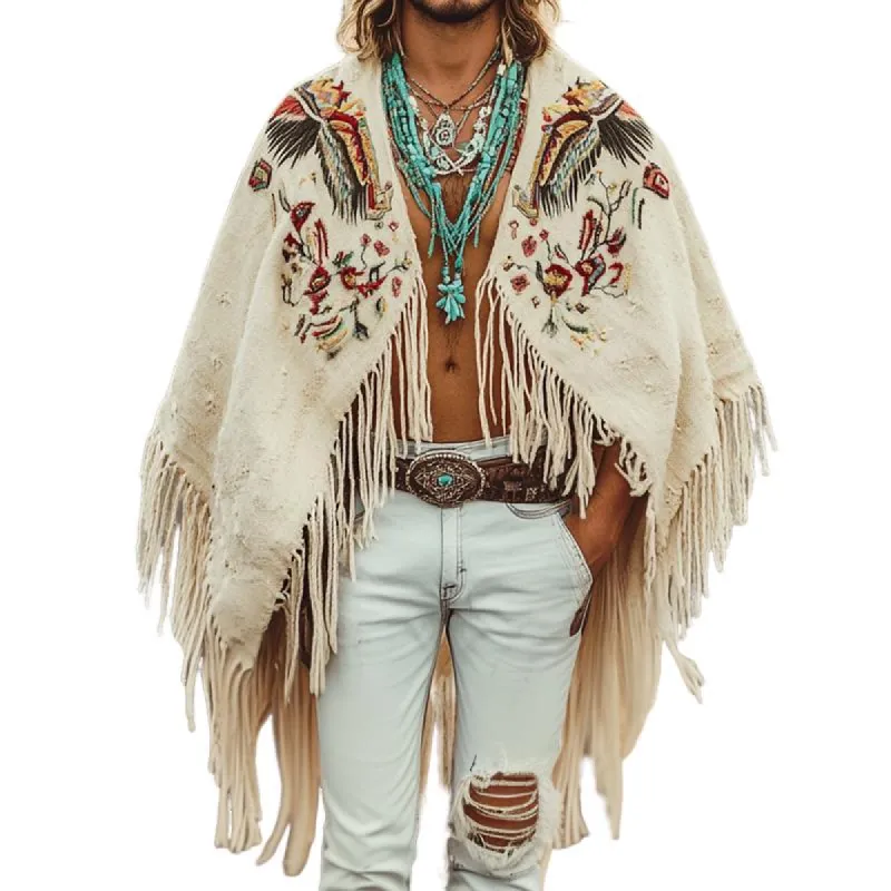 Men's Vintage Casual Linen Eagle Feather Embroidered Cape 08777353TO sold by Manly