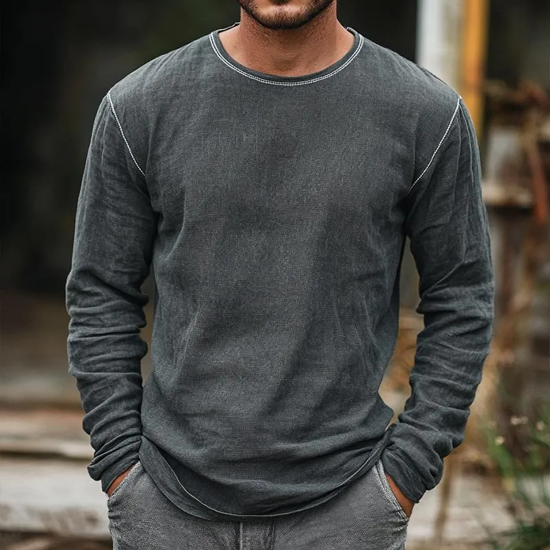 Men's Retro Casual Linen Round Neck Long Sleeve T-Shirt 52708262TO sold by Manly product image thumbnail 2