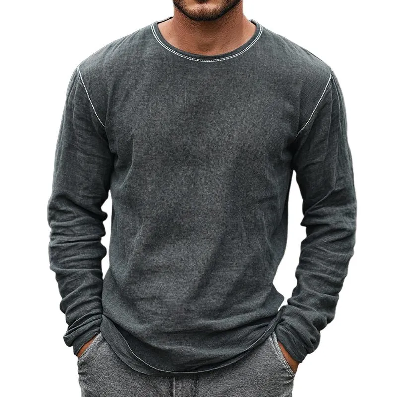 Men's Retro Casual Linen Round Neck Long Sleeve T-Shirt 52708262TO sold by Manly