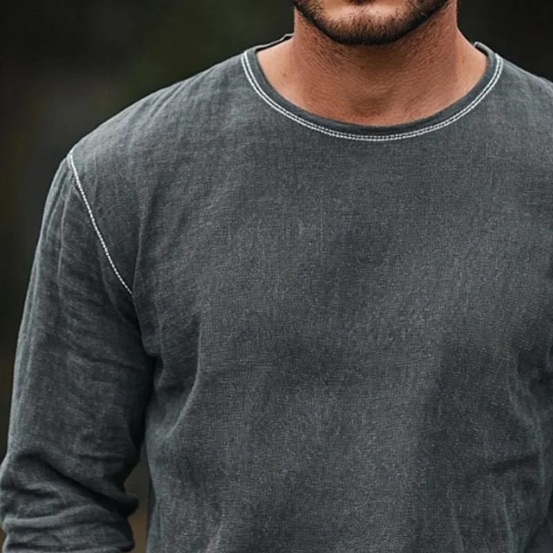 Men's Retro Casual Linen Round Neck Long Sleeve T-Shirt 52708262TO sold by Manly product image thumbnail 3