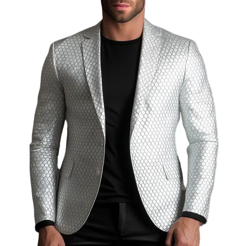Men's Solid Color Lapel Two-button Fish Scale Pattern Leather Blazer 14105944F sold by Manly
