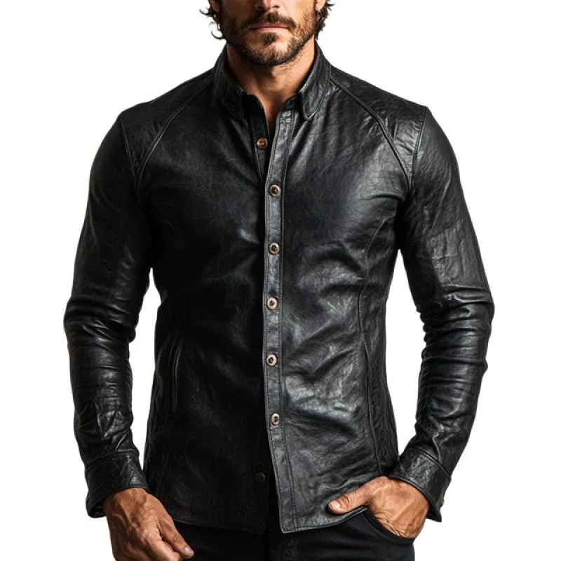 Men's Vintage Black Long Sleeve Leather Shirt 93065379U sold by Manly