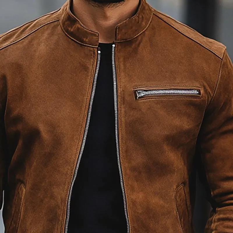 Men's Simple Stand Collar Suede Zip-Up Jacket 26970471U sold by Manly product image thumbnail 4