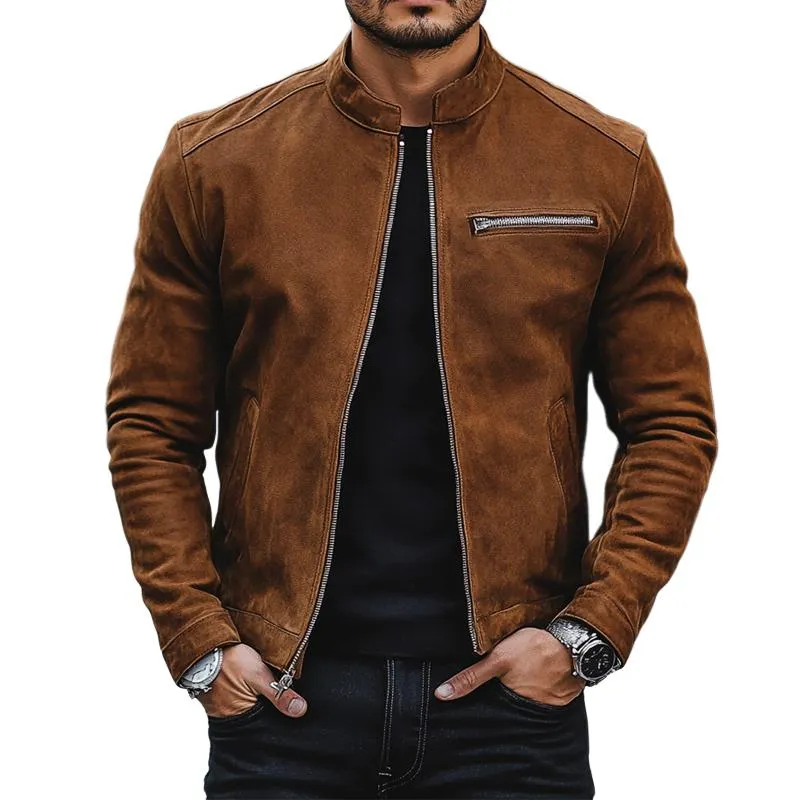 Men's Simple Stand Collar Suede Zip-Up Jacket 26970471U sold by Manly