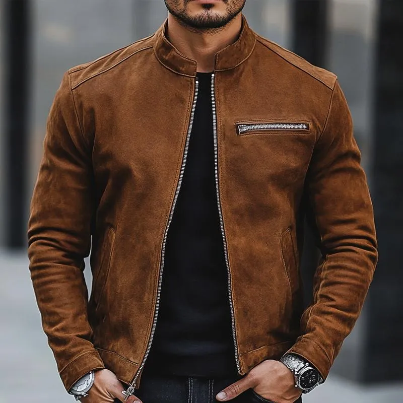 Men's Simple Stand Collar Suede Zip-Up Jacket 26970471U sold by Manly product image thumbnail 3