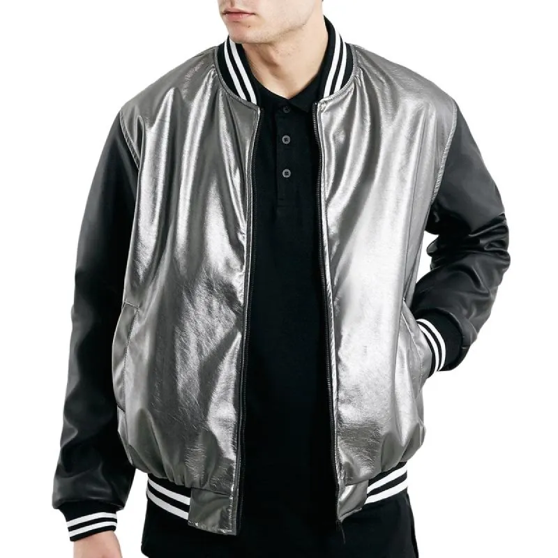 Men's Stylish Silver Leather Patchwork Baseball Jacket 12273739F sold by Manly