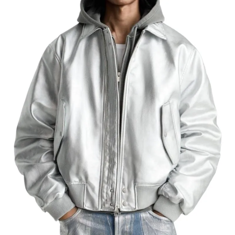 Men's Stylish Silver Lapel Leather Jacket 68177753F made by Manly