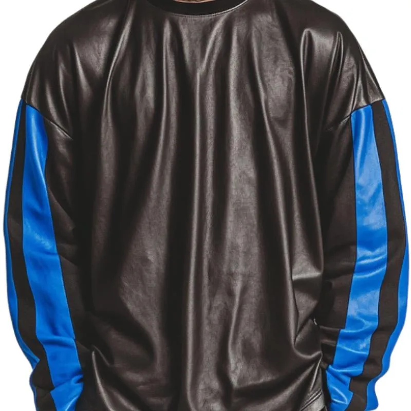 Men's Loose Contrast Color Round Neck Leather Sweatshirt 17022950F sold by Manly product image thumbnail 2