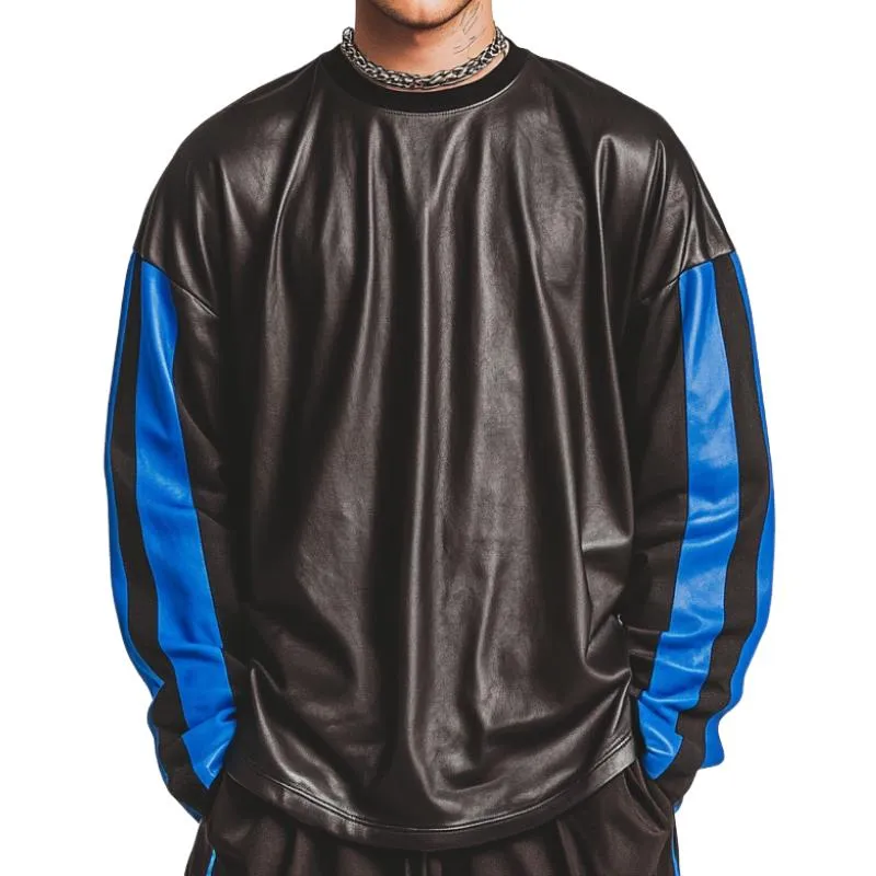 Men's Loose Contrast Color Round Neck Leather Sweatshirt 17022950F sold by Manly