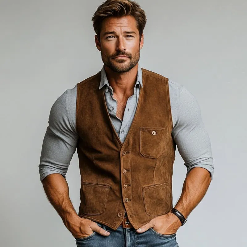 Men's Vintage Suede Single Breasted V Neck Slim Fit Vest 61308554Y sold by Manly product image thumbnail 3