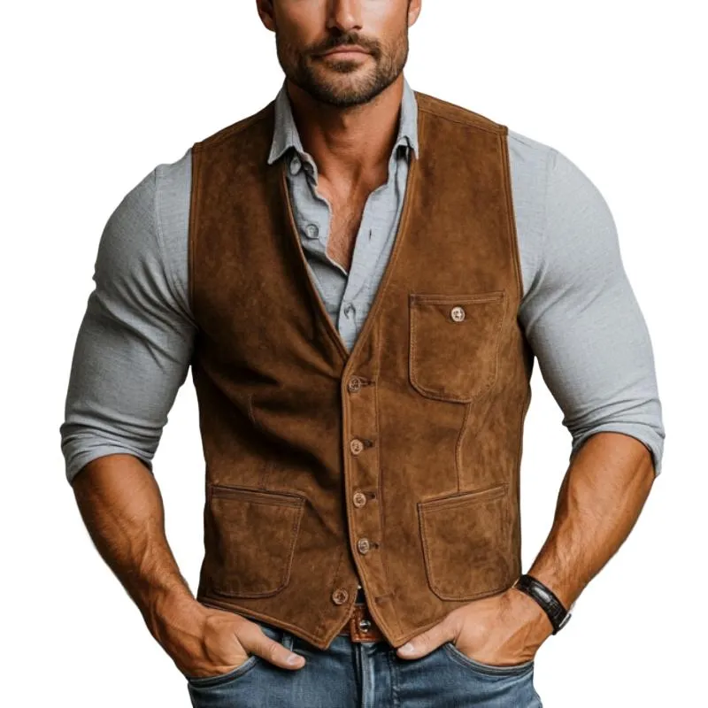 Men's Vintage Suede Single Breasted V Neck Slim Fit Vest 61308554Y sold by Manly