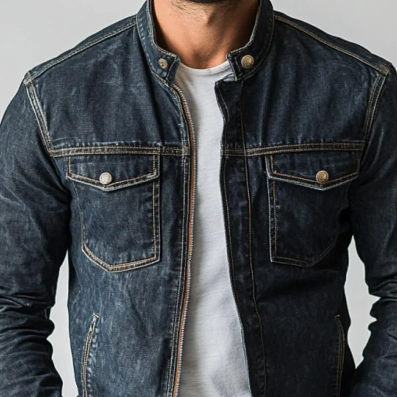 Men's Vintage Washed Stand Collar Multi Pocket Denim Jacket 41282319Y sold by Manly product image thumbnail 2