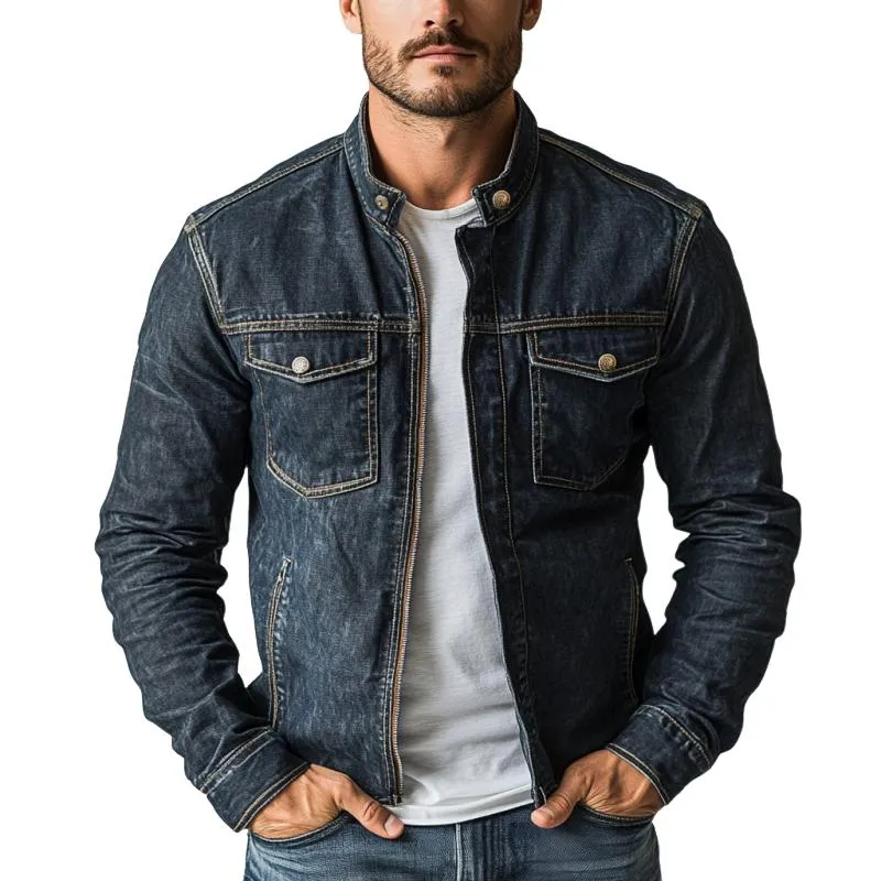 Men's Vintage Washed Stand Collar Multi Pocket Denim Jacket 41282319Y sold by Manly
