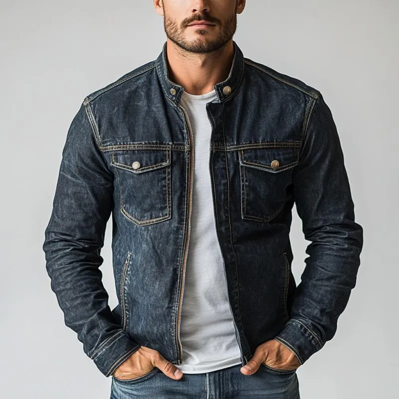 Men's Vintage Washed Stand Collar Multi Pocket Denim Jacket 41282319Y sold by Manly product image thumbnail 3