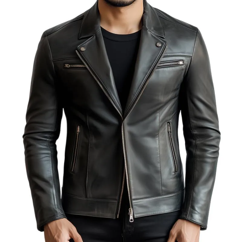 Men's Fashion Leather Lapel Zipper Biker Jacket 88788931Z sold by Manly