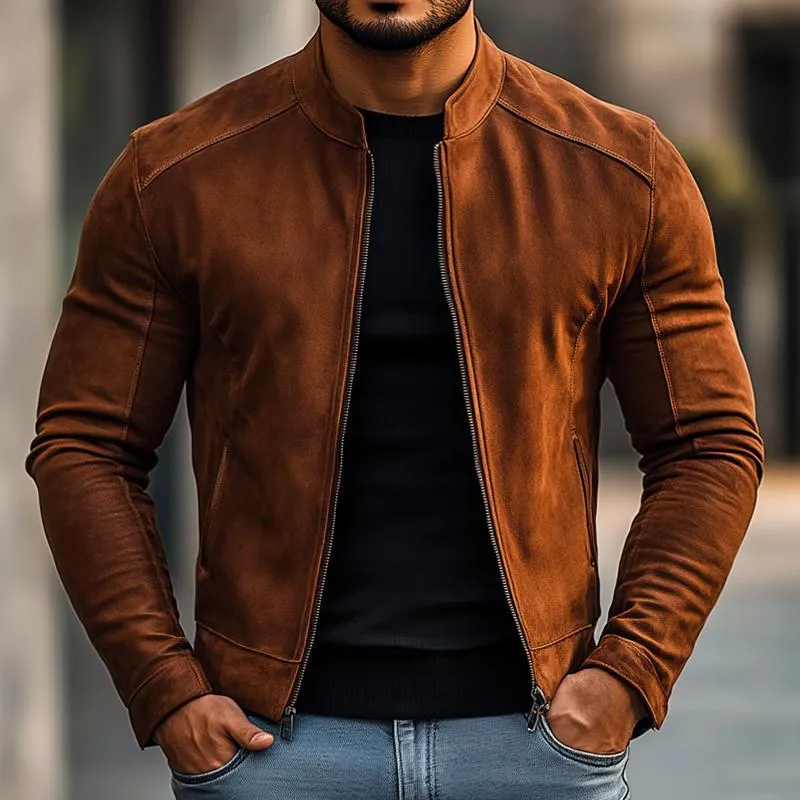 Men's Fashion Solid Sued Stand Collar Zipper Biker Jacket 17461503Z sold by Manly product image thumbnail 2