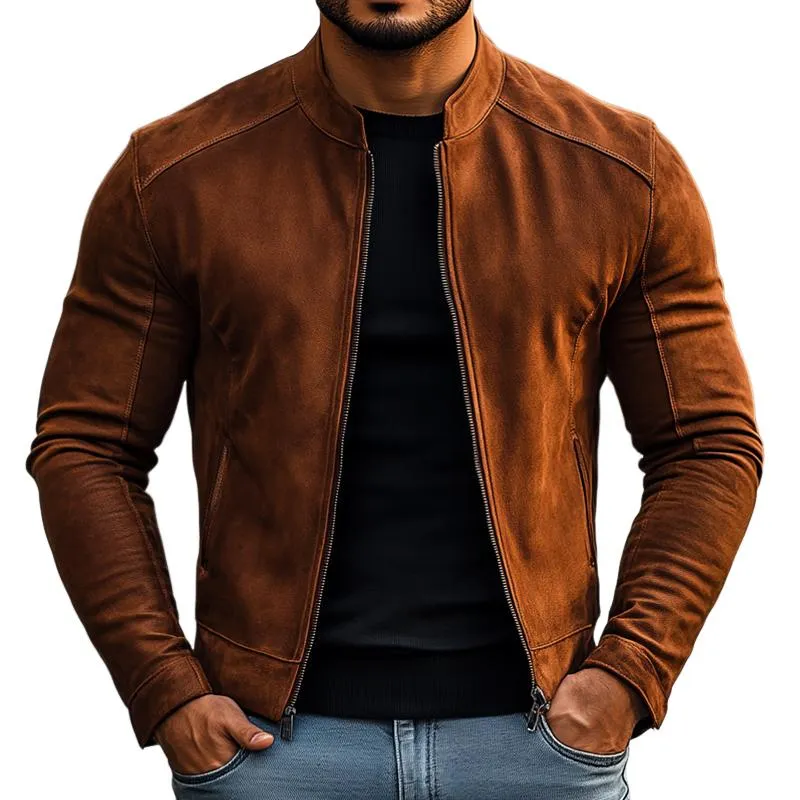 Men's Fashion Solid Sued Stand Collar Zipper Biker Jacket 17461503Z sold by Manly