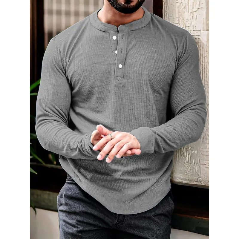 Men's Fashion Waffle Henley Neck Long Sleeve T-Shirt 27626438Y sold by Manly product image thumbnail 3