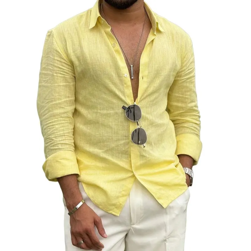 Men's Fashion Cotton and linen Lapel Long-Sleeved Shirt 10717928Y sold by Manly