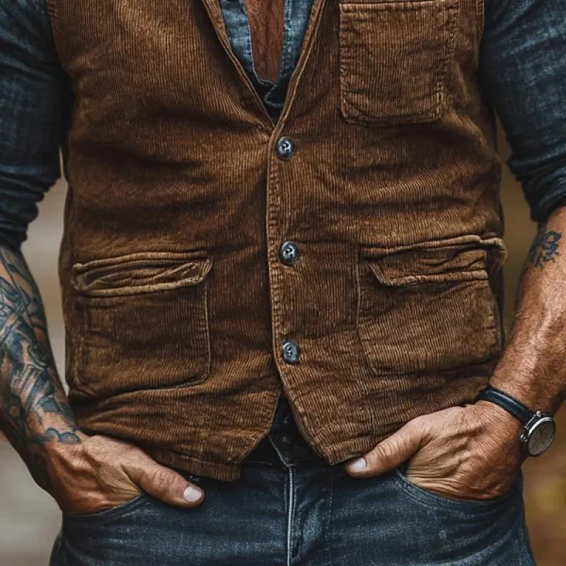 Men's Vintage Corduroy Lapel Single Breasted Slim Fit Vest 38294843Y sold by Manly product image thumbnail 3