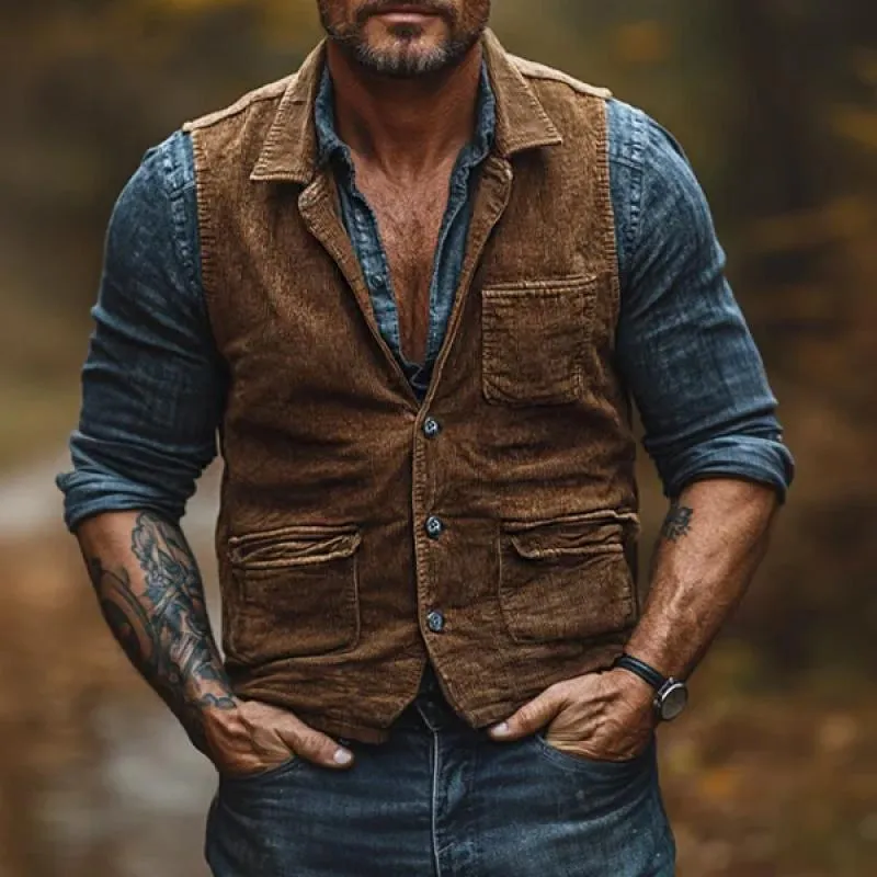 Men's Vintage Corduroy Lapel Single Breasted Slim Fit Vest 38294843Y sold by Manly product image thumbnail 4