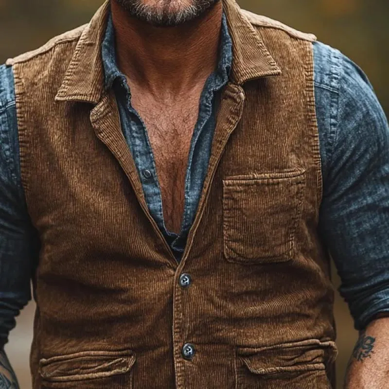 Men's Vintage Corduroy Lapel Single Breasted Slim Fit Vest 38294843Y sold by Manly product image thumbnail 2