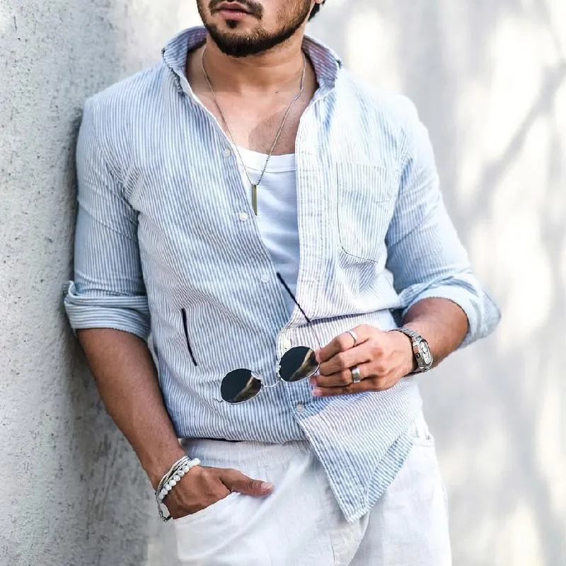 Men's Fashion Stripe Lapel Long-Sleeved Shirt 29110661Y sold by Manly product image thumbnail 2