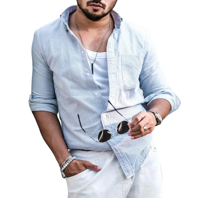 Men's Fashion Stripe Lapel Long-Sleeved Shirt 29110661Y sold by Manly