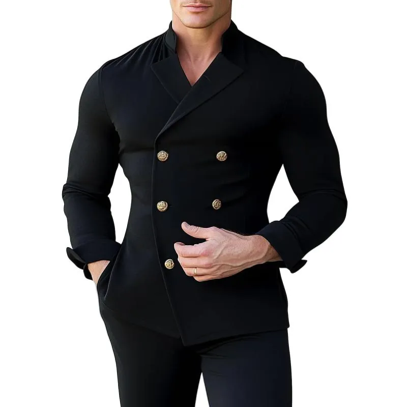 Men's Fashion Lapel Metal Double-Breasted Long-Sleeved Shirt 12397328Y sold by Manly