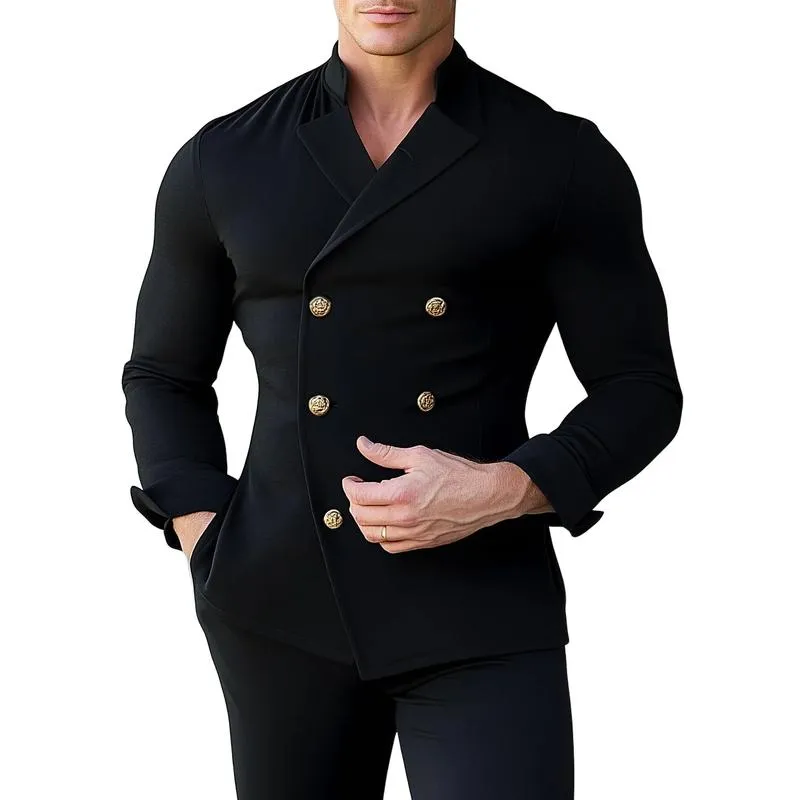Men's Fashion Lapel Metal Double-Breasted Long-Sleeved Shirt 12397328Y sold by Manly