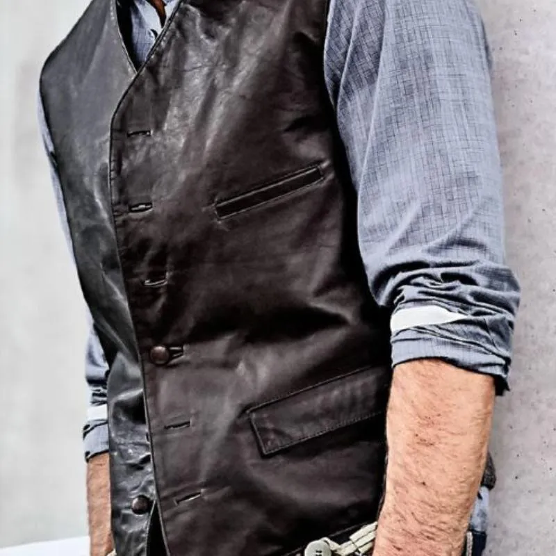 Men's Vintage Multi-pocket Single Breasted Leather Vest 29058342Y sold by Manly product image thumbnail 3