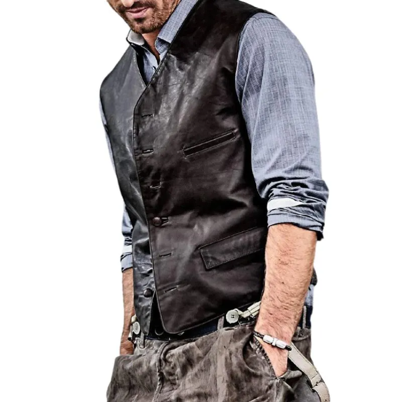 Men's Vintage Multi-pocket Single Breasted Leather Vest 29058342Y sold by Manly
