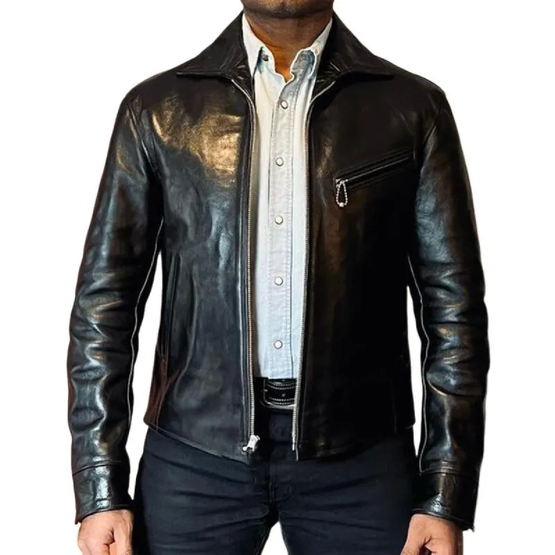 Men's Retro Pure Black Glossy Zip Leather Jacket 21155049U sold by Manly