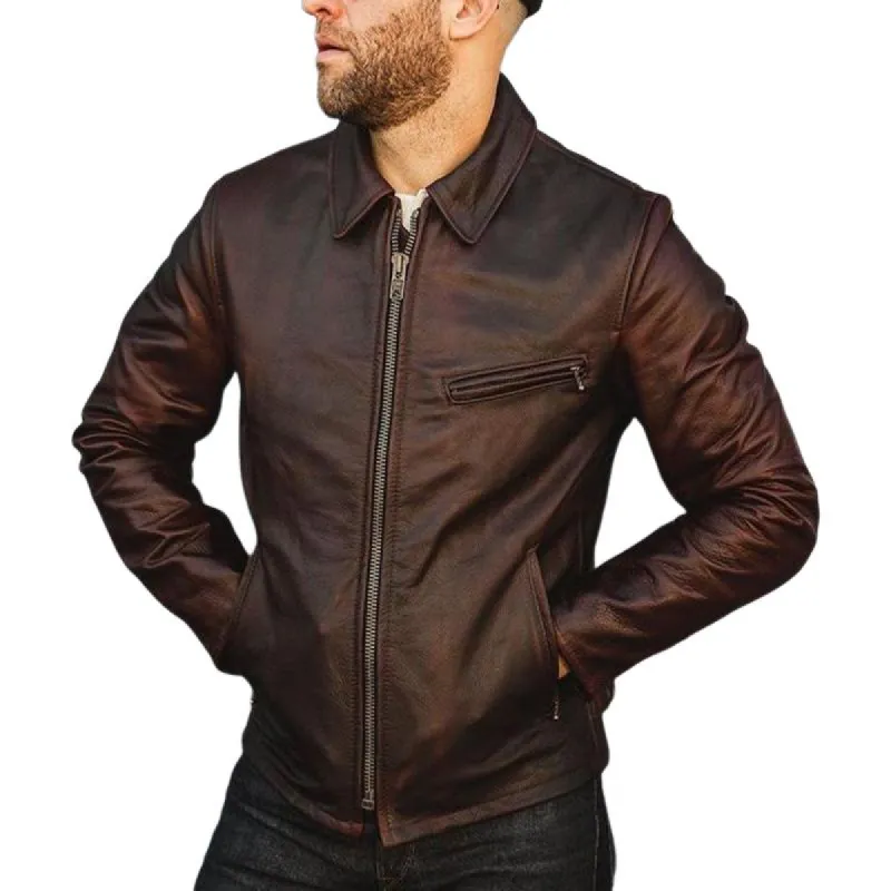Men's Vintage Red Brown Zipper Leather Jacket 09236570U sold by Manly