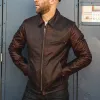 Men's Vintage Red Brown Zipper Leather Jacket 09236570U sold by Manly