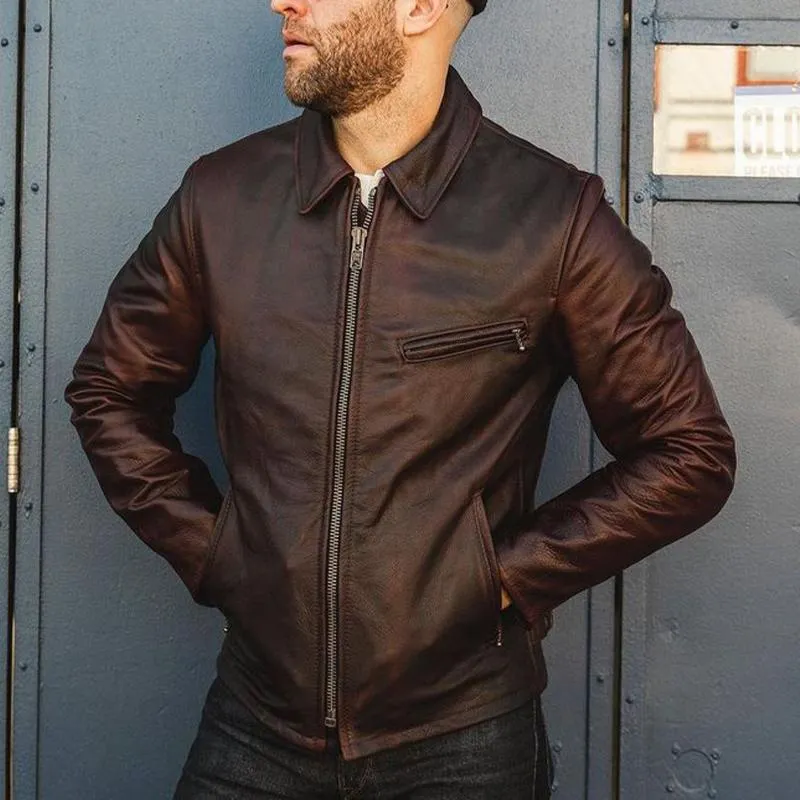 Men's Vintage Red Brown Zipper Leather Jacket 09236570U sold by Manly product image thumbnail 2
