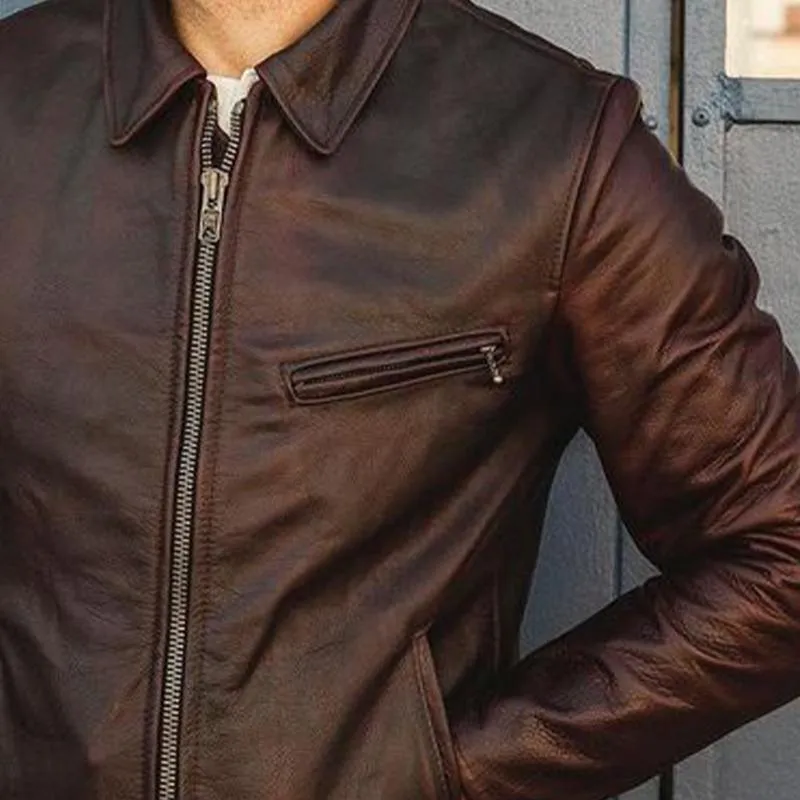 Men's Vintage Red Brown Zipper Leather Jacket 09236570U sold by Manly product image thumbnail 3