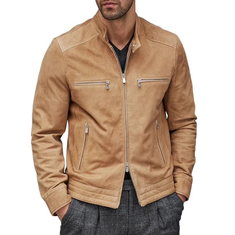 Men's Fashion Solid Suede Stand Collar Multi-pocket Zipper Jacket 37139411Z sold by Manly