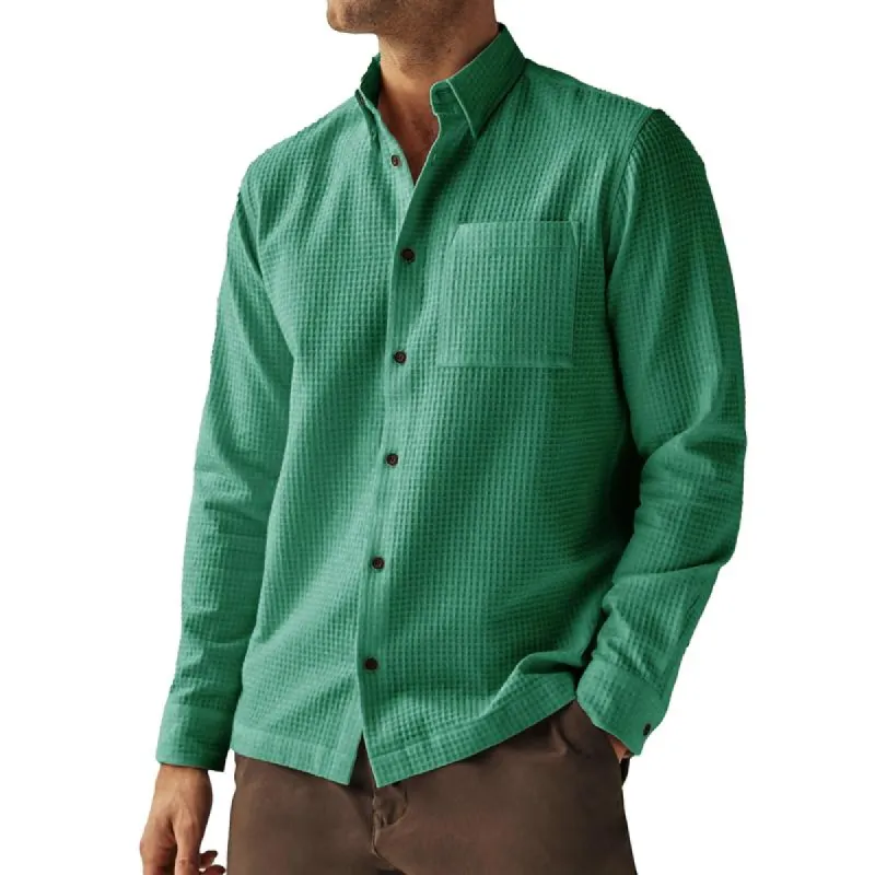 Men's Fashion Solid Color Waffle Lapel Long Sleeve Shirt 12580861Z sold by Manly