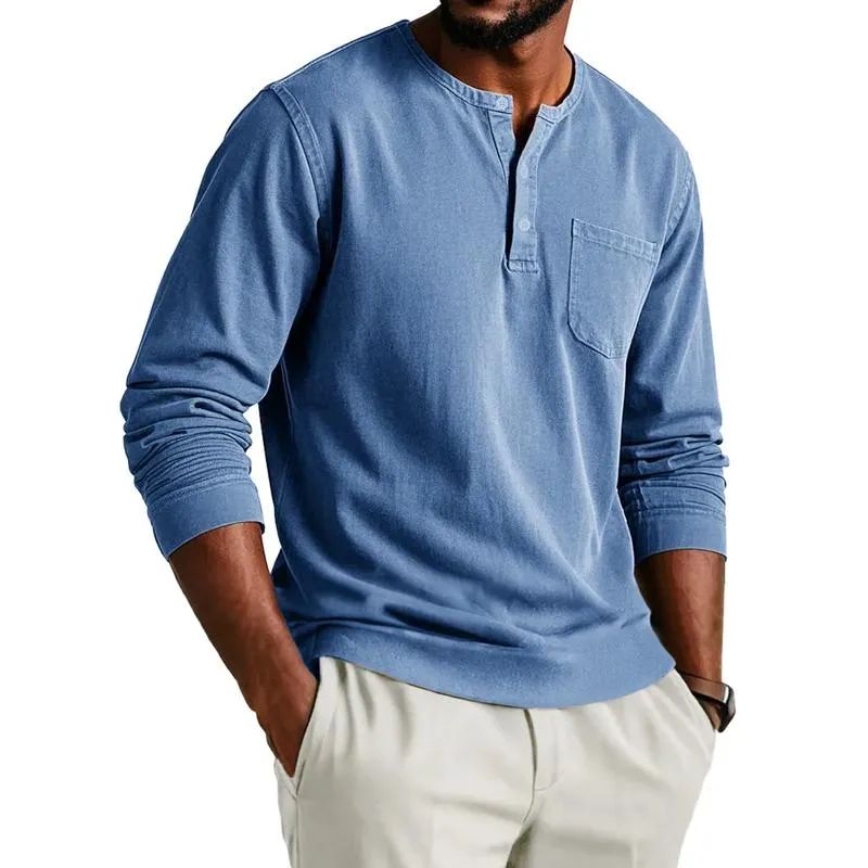 Men's Fashion Solid Color Henley Collar Long Sleeve T-shirt 70711413Z sold by Manly