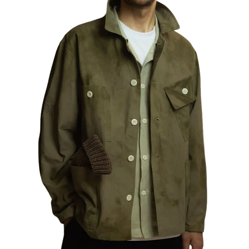 Men's Vintage Casual Suede Lapel Long Sleeve Shirt 49368640F sold by Manly